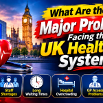 Major UK healthcare system problems including funding pressure, NHS staff shortages and long waiting times