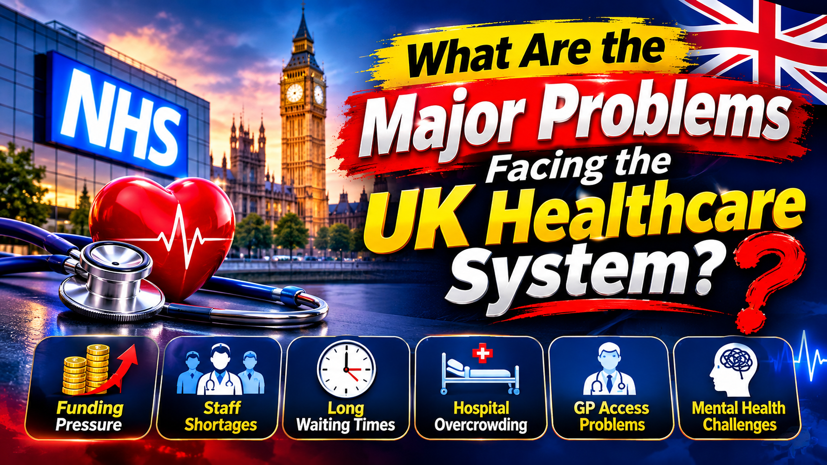 Major UK healthcare system problems including funding pressure, NHS staff shortages and long waiting times